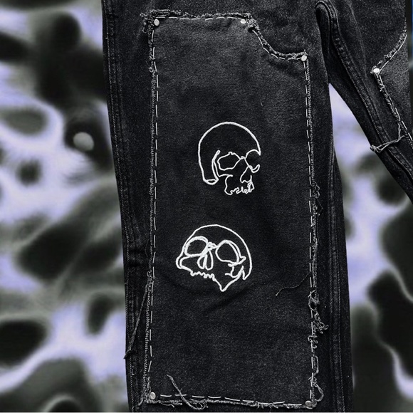 7. Double knee ok clothing! custom skull embroidered design pants - Picture 3 of 5